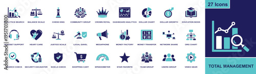 Total management icon set. Containing analytics, dashboard, community, team group, money transfer, org chart, support, shield, search and more. Solid fill vector business icons collection.