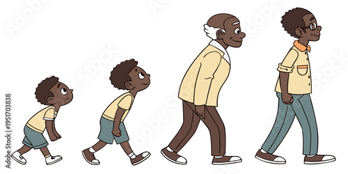 African man of different life stages cartoon characters. Baby, child, teenager, adult, mature and old persons vector illustration isolated .vector icon

