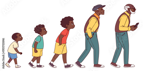 African man of different life stages cartoon characters. Baby, child, teenager, adult, mature and old persons vector illustration isolated .vector icon
