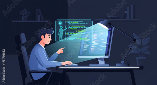 Programmer coding on a computer in a dimly lit room, with a holographic display showing code and information