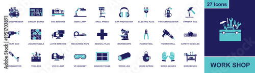 Workshop icon set. Containing air compressor, CNC machine, drill press, power drill, toolbox, workbench, screwdriver and more. Solid fill vector icons collection for workshop tasks.
