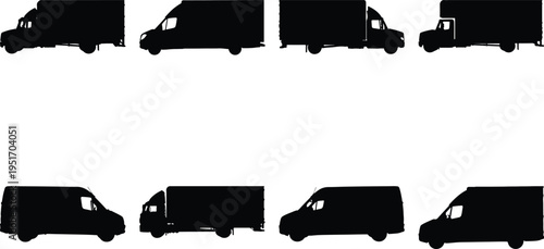 Diverse black vehicle silhouettes featuring box trucks, vans, and pickup trucks in vector format