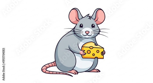 Cute cartoon mouse holding yellow cheese on white background smiling and looking forward with big ears and pink tail