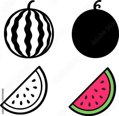 Watermelon illustration icon set, in outline, silhouette and colored, for fruit or botanical designs