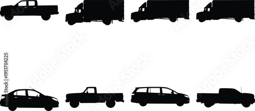 Variety of black vehicle silhouettes: sedans, pickup trucks, vans, and SUVs on white background