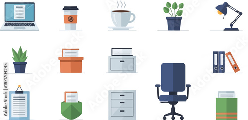 Office supplies including a laptop, coffee cup, desk lamp, chair, and files