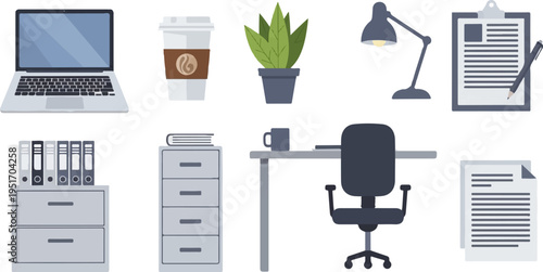 Office supplies laptop, coffee, plant, lamp, desk, chair, files, and documents