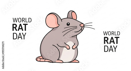 Cute gray cartoon rat sitting upright on hind legs celebrating world rat day with cheerful expression
