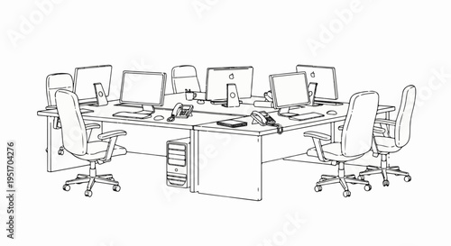 Office workspace with multiple computers, chairs, and phones