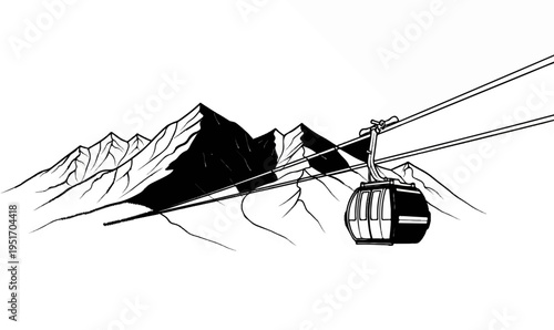 Mountain range with cable car suspended on wires against a white background