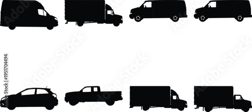 Assortment of vehicle silhouettes: vans, trucks, and cars shown from side and front profiles.