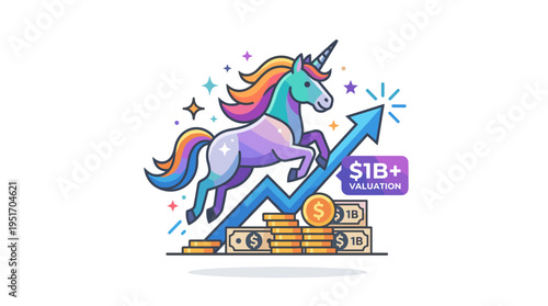 Unicorn startup with upward trending graph and one billion valuation