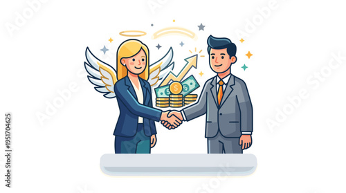 Angel investor shaking hands with businessman, symbolizing deal