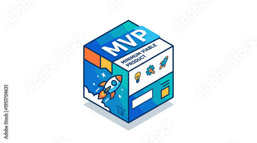 MVP Minimum Viable Product box with startup icons