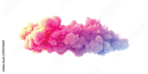 Vibrant cloud of pink purple and yellow smoke on white background