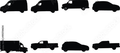 Variety of vehicle silhouettes including vans, pickup trucks, and cars in a clean graphic design.