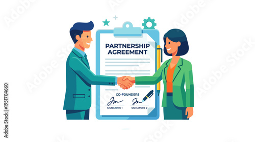Business partners shaking hands over partnership agreement document