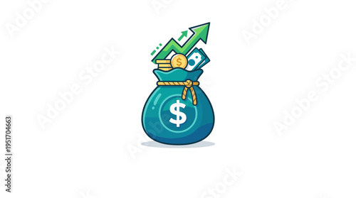 Money bag with growing arrow and cash, flat design