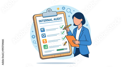 Woman performing internal audit on checklist with icons