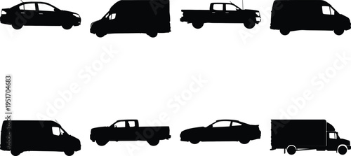 Group of black vehicle silhouettes including cars, vans, pickup trucks, and a box truck
