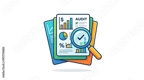 Business audit with magnifying glass over documents and charts
