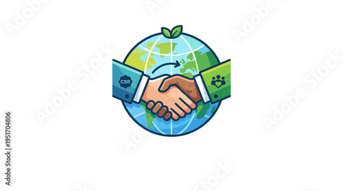 Global CSR handshake illustration with icons for community and environment