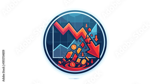 Business graph icon with falling stocks and coins