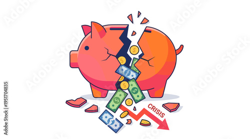 Broken piggy bank with money falling out and crisis arrow