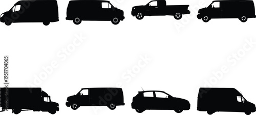 Collection of diverse vehicle silhouettes including vans, trucks, and cars on a white background.