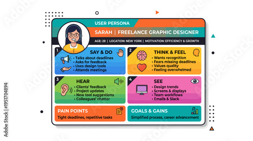 User persona card for freelance graphic designer Sarah