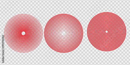Pain concentration icons. Red and transparent circles showing the epicenter of pain. Pain in muscles, legs, head, body. Vector