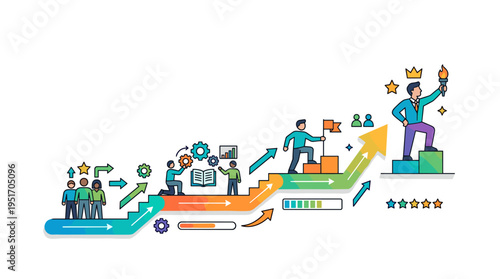Business growth illustrated with people climbing stairs with torch