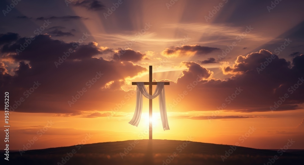 Obraz premium Wooden cross with white cloth at sunrise on hill symbolizing resurrection hope faith and spiritual renewal
