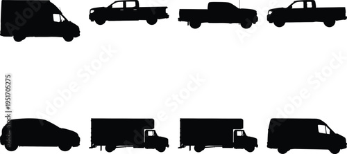 Compilation of vehicle silhouettes: vans, pickup trucks, and cars, ideal for transport graphics.