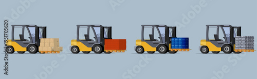 Set of Forklifts Carrying Different Types of Cargo Including Boxes and Industrial Barrels