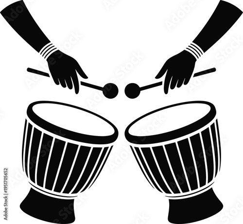 Hands playing two djembe drums with sticks in rhythmic motion