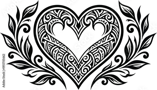 Tribal heart design with floral leaves ornament