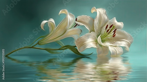 Two delicate white flowers rest above rippling turquoise water surface