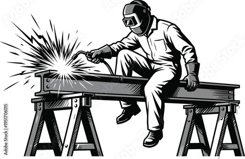 Welder working on steel beam