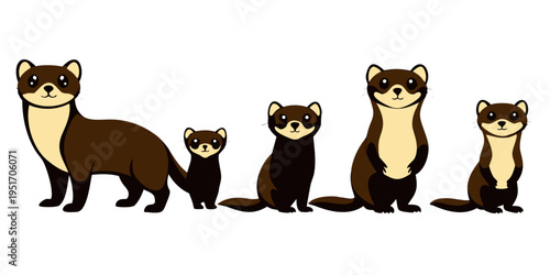 ferret standing upright pose silhouette illustration collection. Animals drawing illustration isolated on white background.