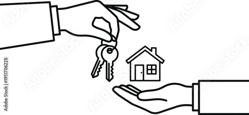Handing over house keys and home icon line art illustration