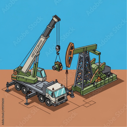 Isometric Oil Field Construction - Crane Lifting Equipment Near Pumpjack.