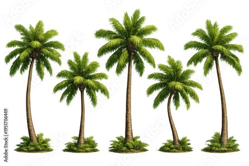 Set of realistic tropical palm trees isolated on transparent background. Lush green fronds and detailed trunks create a natural exotic atmosphere, perfect for design projects, travel themes, summer co