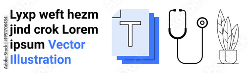 Digital tools, healthcare, typography design, workspace setup, indoor aesthetics, creative branding. Minimal stethoscope, text design icon and potted plant. Healthcare and typography design concept