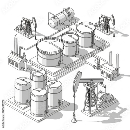 Isometric Oil Refinery Complex with Storage Tanks and Pumpjacks.