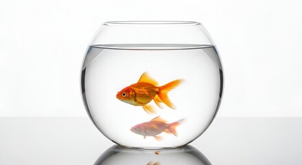 A goldfish swims in a clear glass bowl on a reflective surface with a white background