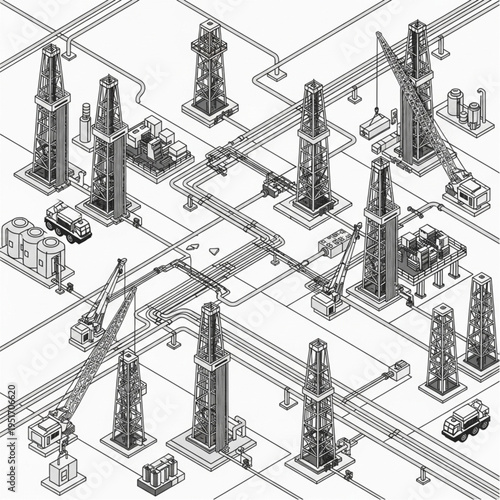 Isometric Oil Refinery Complex Illustration with Detailed Structures.