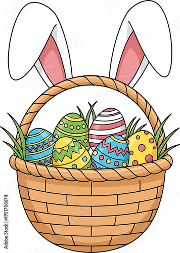 Easter Basket with Decorated Eggs and Bunny Ears  Festive Spring Holiday Illustration