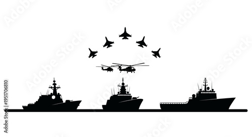Military ships and aircraft silhouettes in formation on water symbolizing naval power and defense strategy