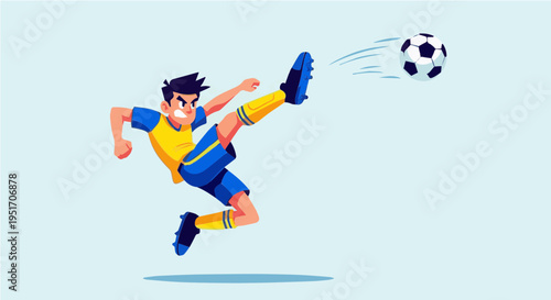 Energetic cartoon soccer player kicking ball in dynamic pose on light blue background vector illustration